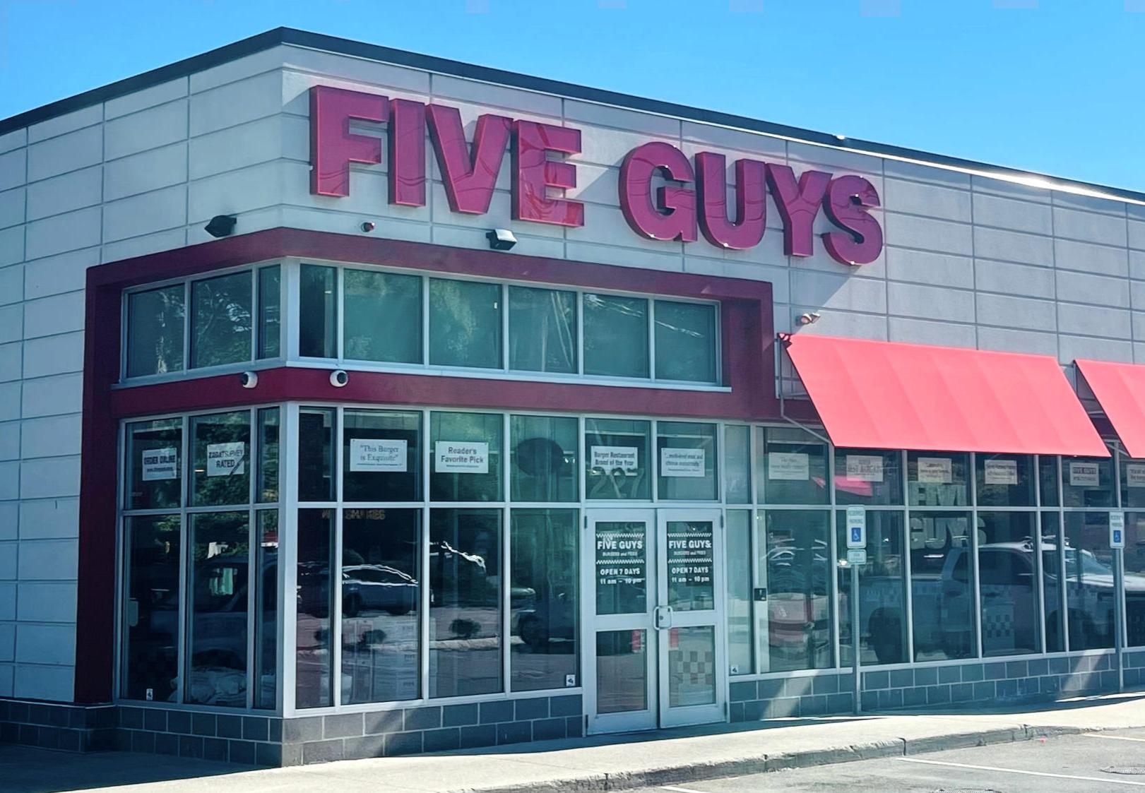 Entrance to the Five Guys restaurant at 227 Andover Street in Peabody, Mass.