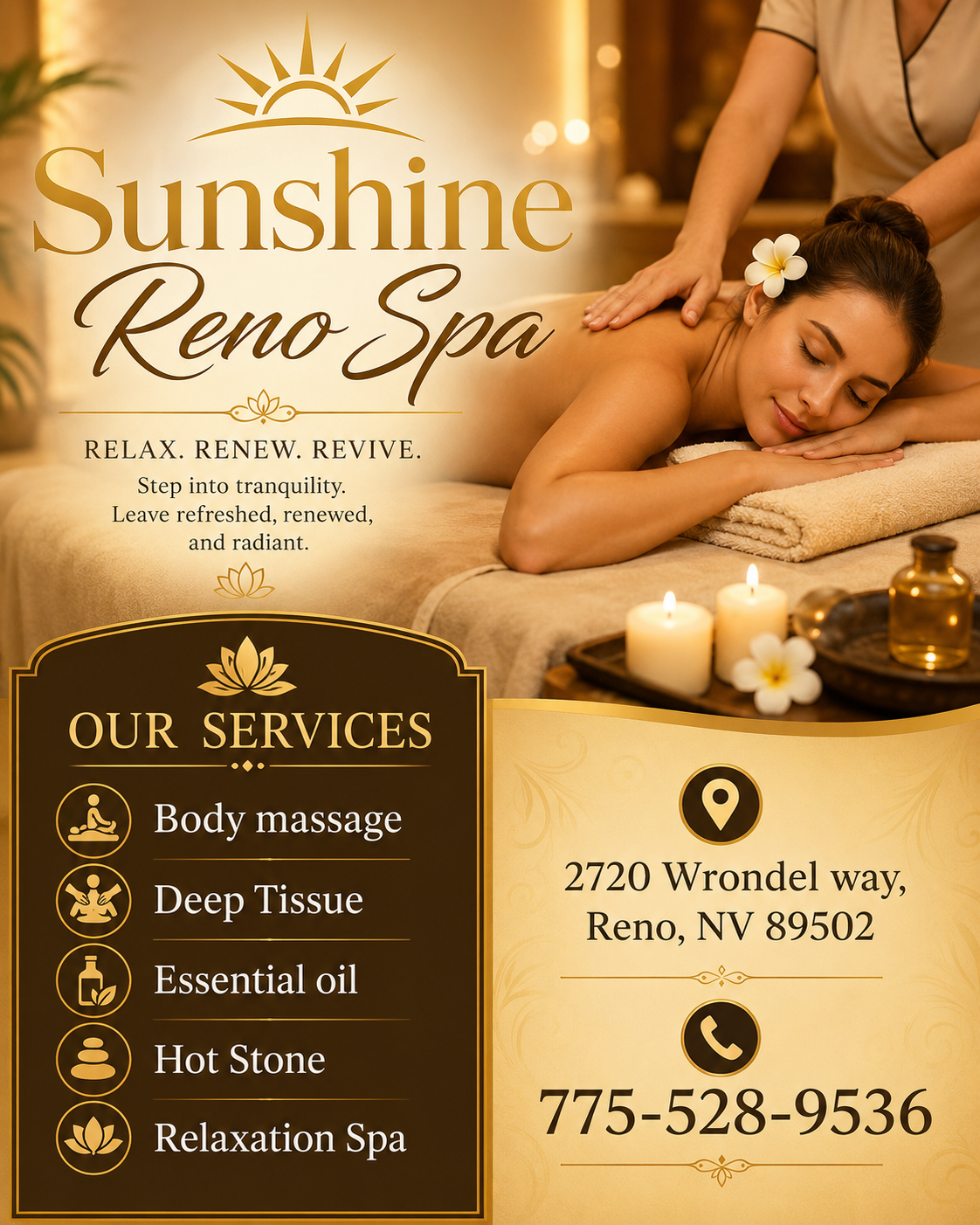Massage techniques are commonly applied with hands, fingers,
elbows, knees, forearms, feet, or a device.
The purpose of massage is generally for the treatment of
body stress or pain.