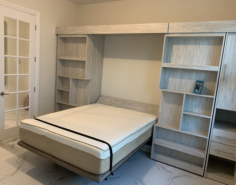 Doredos pine library Murphy bed open with built in desk and shelving