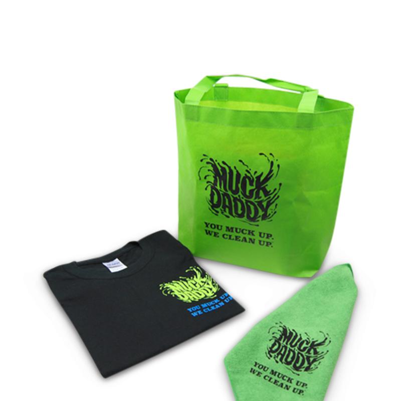 Merch kit for Muck Daddy. Branded merch by PLC Print.