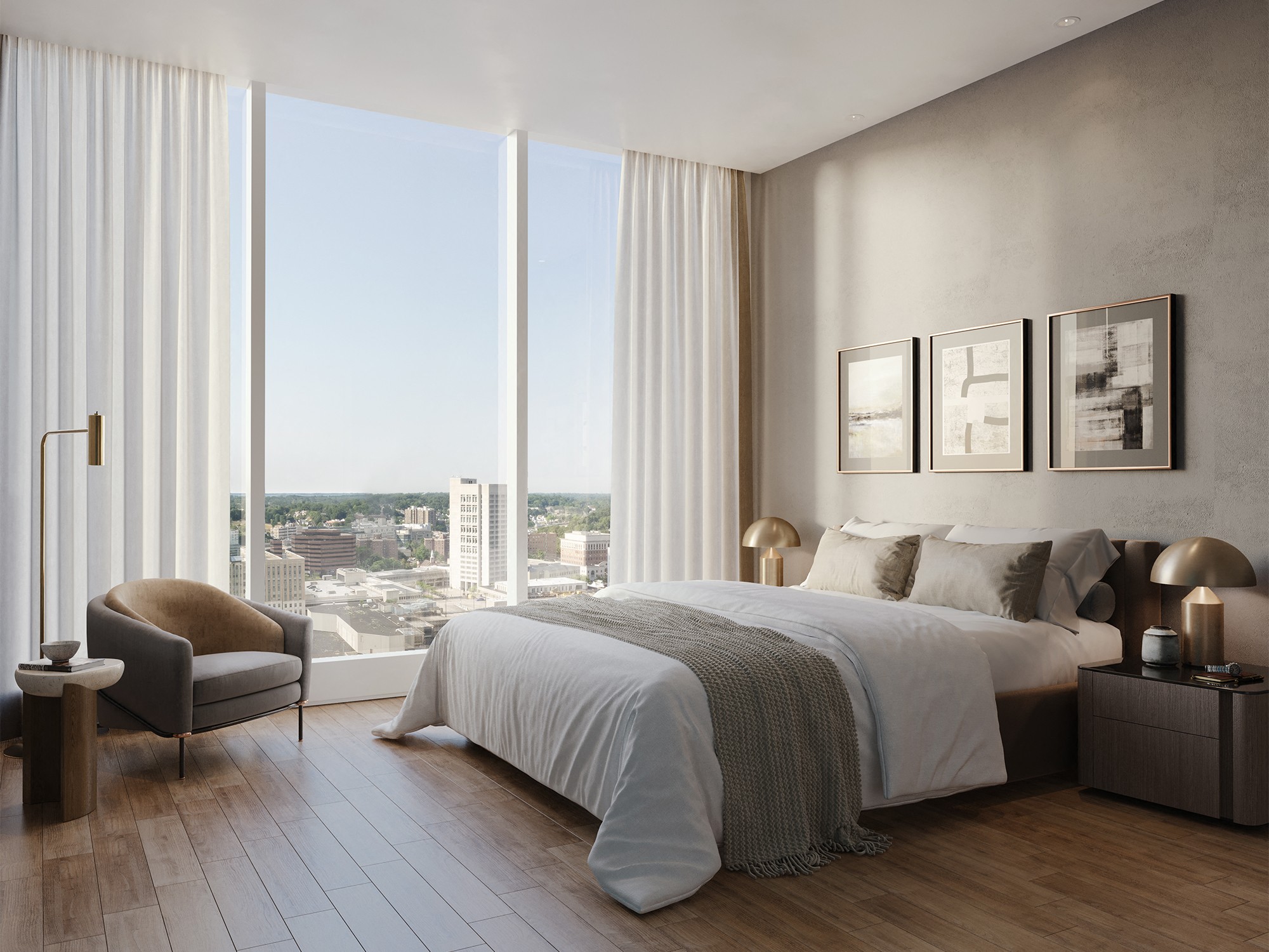 a bedroom with a bed and a window with a city view