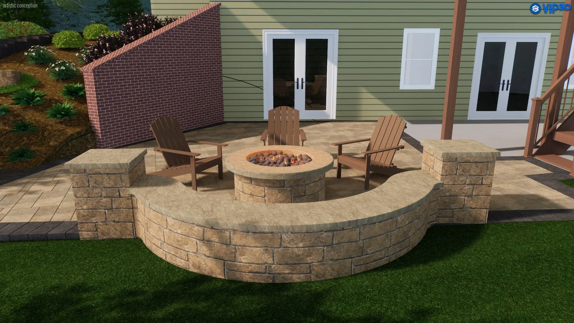 This rendering showcases Zamora Design and Build's ability to create inviting outdoor gathering spaces with custom hardscape elements, perfect for relaxing evenings and entertaining guests.
