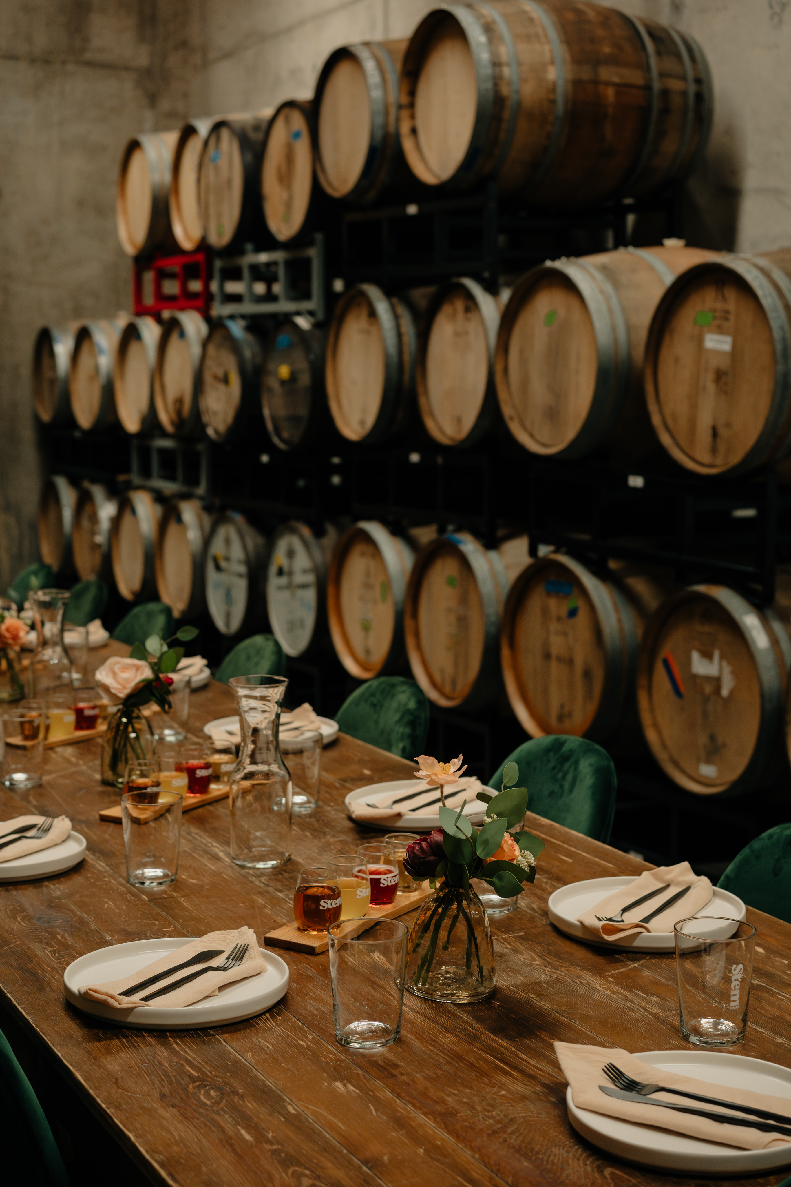 The barrel room offers a distinctive setting for weddings, corporate gatherings, and private events at Acreage.