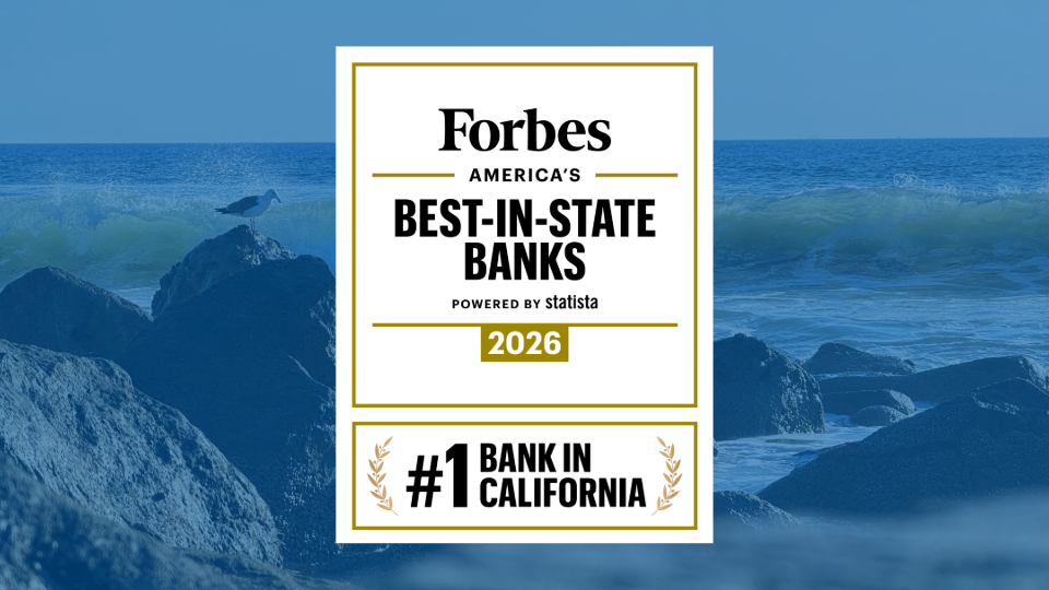 Forbes Best-in-State Banks #1 Bank in California logo on a blue background with ocean scenery.