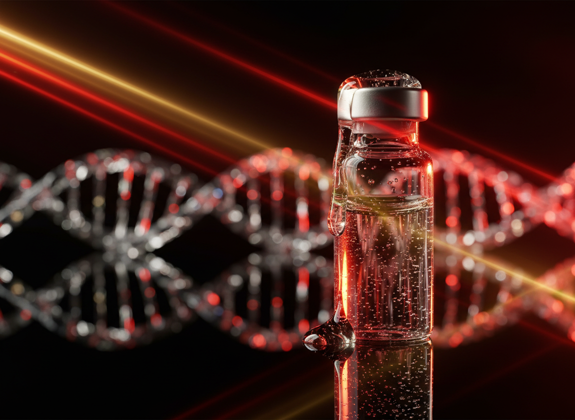 A close-up shot of a clear glass vial filled with a clear liquid, with a droplet of liquid hanging from the stopper. The vial is positioned in front of a blurred, luminous depiction of a DNA double helix. Streaks of red and yellow light diagonally cross the background, creating a dramatic and scientific atmosphere. The overall image suggests themes of advanced medical treatment, possibly related to genetics or peptide therapy.