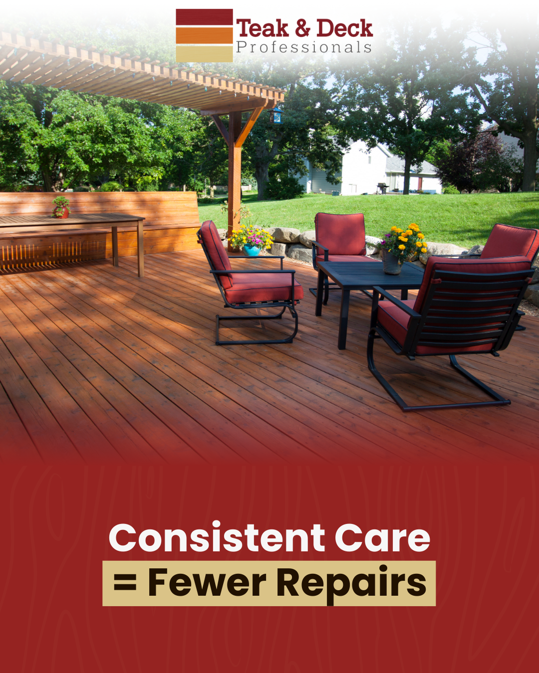 Outdoor wood deck with patio seating, emphasizing that consistent care leads to fewer repairs and longer-lasting deck surfaces.