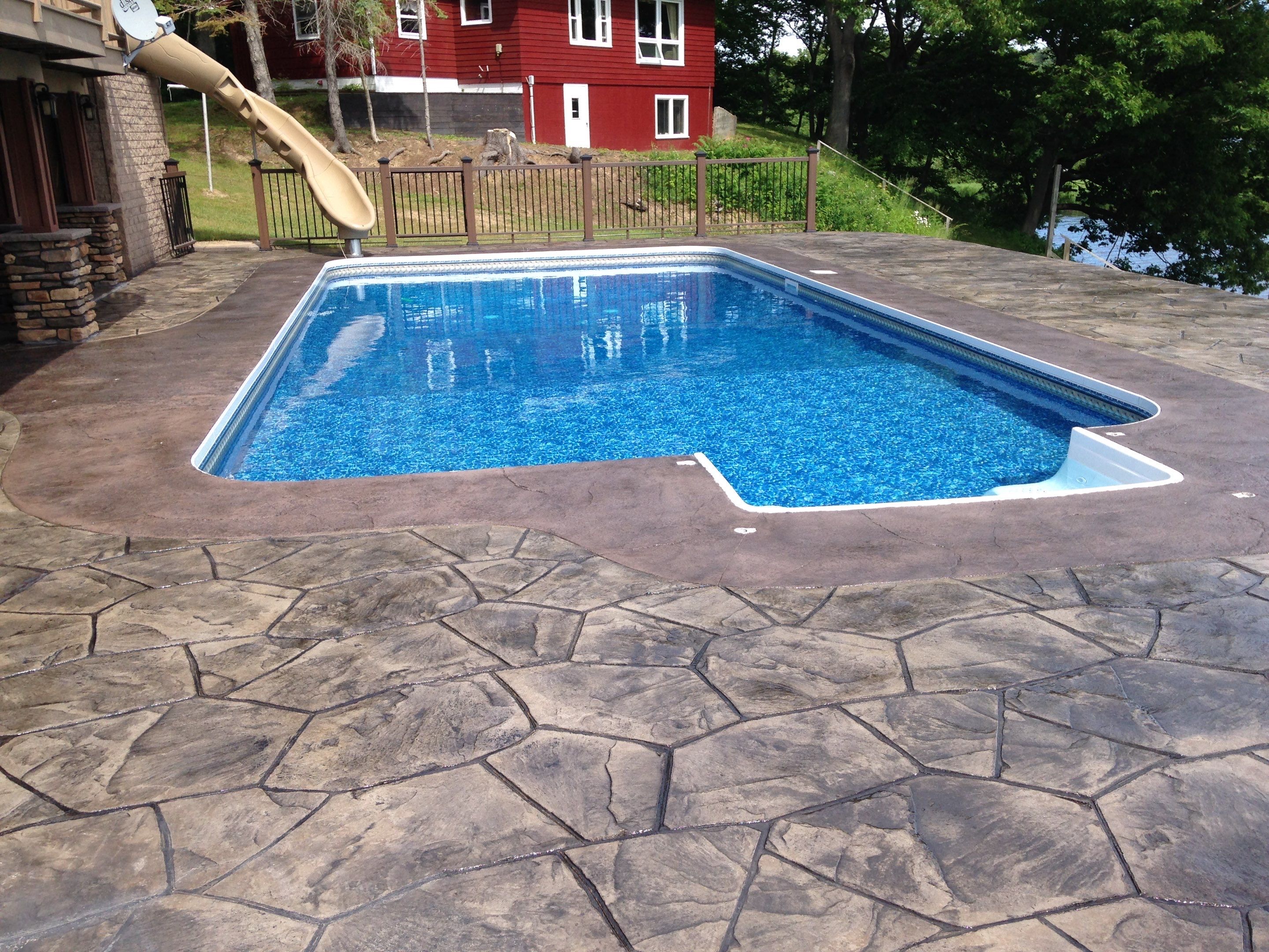 Pool patio with stamped decorative concrete.