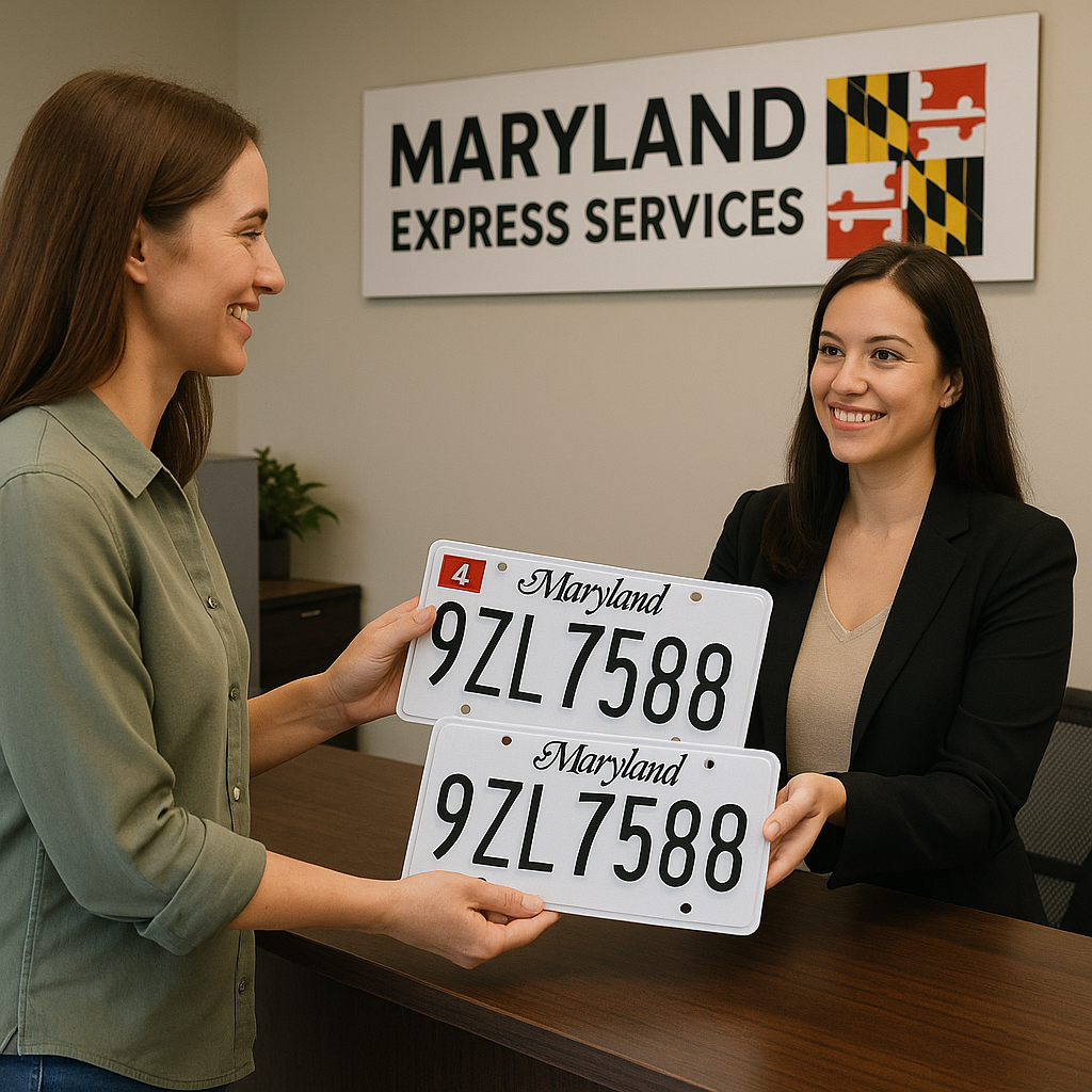 Assisting a customer with tag and title paperwork at our Ellicott City office