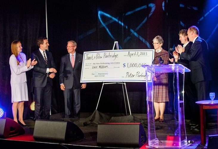 Peter Partridge and his family presenting a $1,000,000 cheque to the FirstOntario Performing Arts Centre.