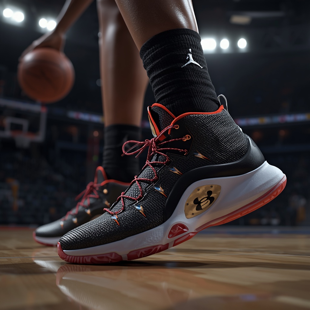 A close-up shot shows a basketball player's feet wearing black and red high-top basketball shoes with white soles and red laces, standing on a polished wooden basketball court. The player is wearing black socks with the Jordan logo. In the background, a basketball is visible in the player's left hand, and the blurred lights of a stadium and a basketball hoop are present.
