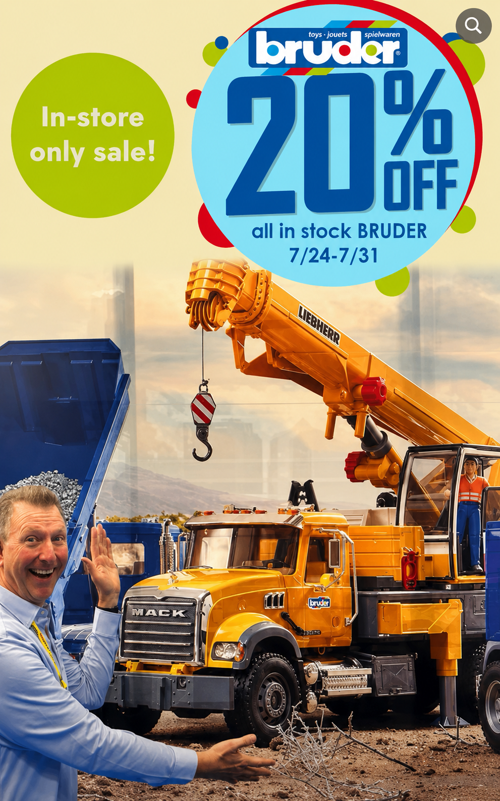Save 20% on all in-stock Bruder trucks during our Summer of Savings! Stop by today from 10 AM to 6 PM and explore realistic construction vehicles, trucks, and farm equipment before the sale ends on July 31.