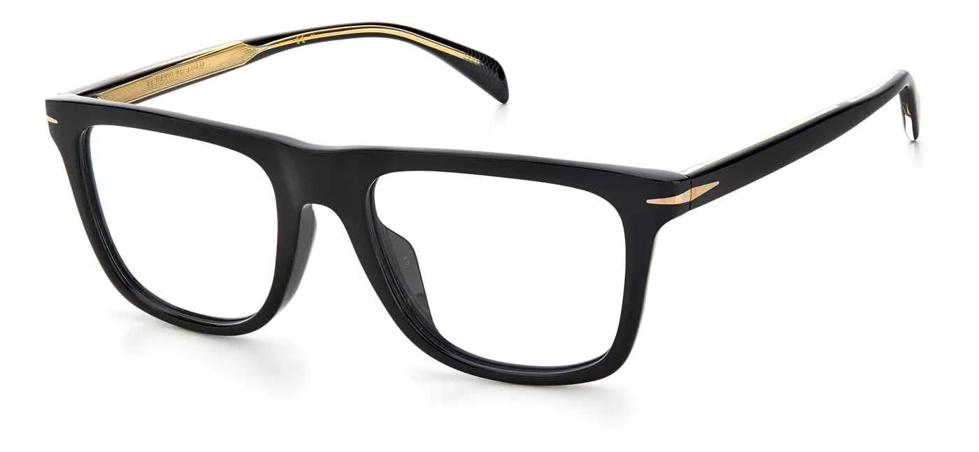 A close-up studio shot of a pair of black rectangular eyeglasses with gold accents on the temples and bridge. The eyeglasses are shown from a slightly elevated angle against a pure white background.