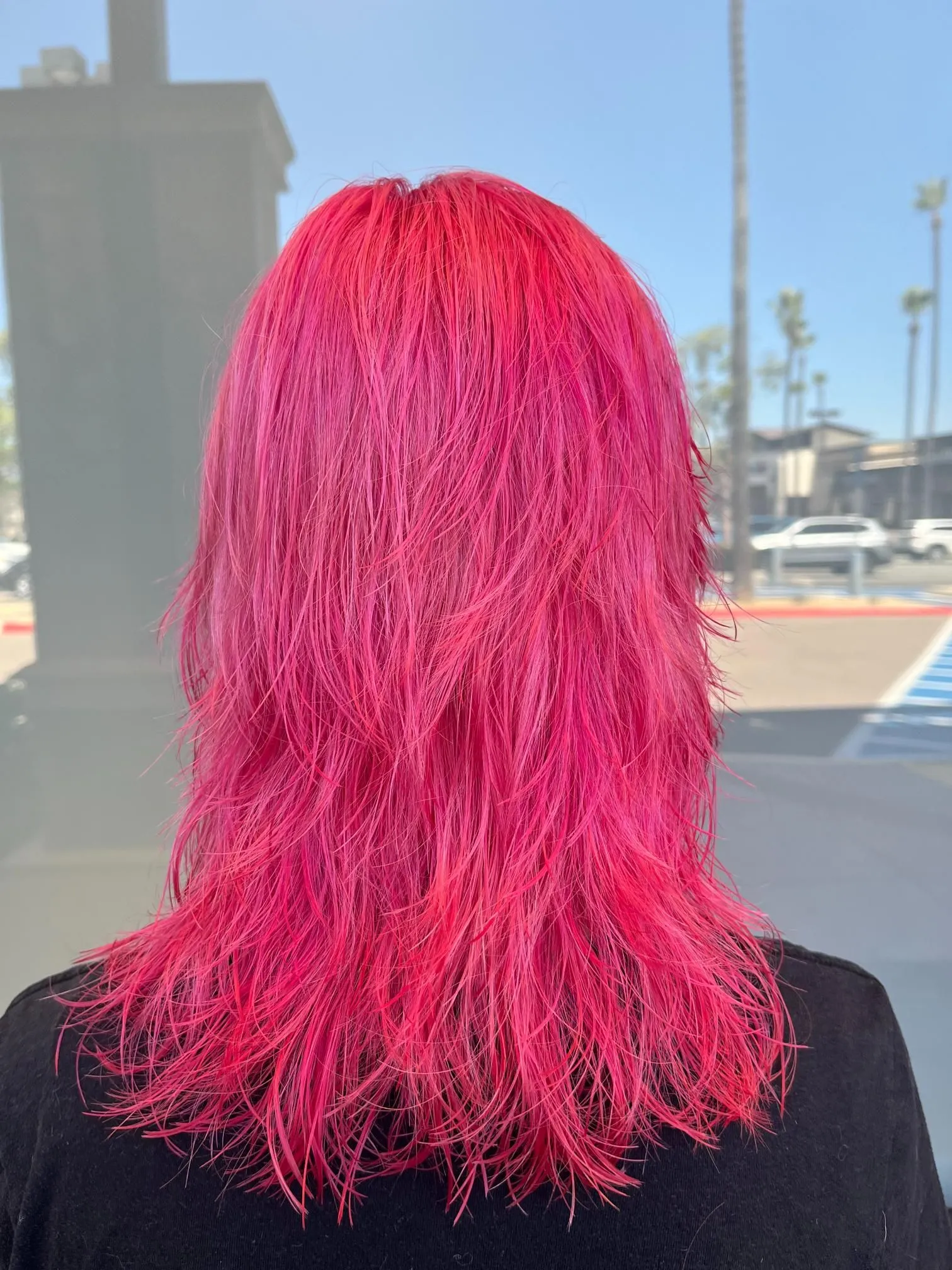 Bright neon pink shoulder-length hair styled with textured layers and a slightly tousled finish. The bold fashion color highlights creative salon coloring techniques and modern edgy hairstyling photographed from the back.