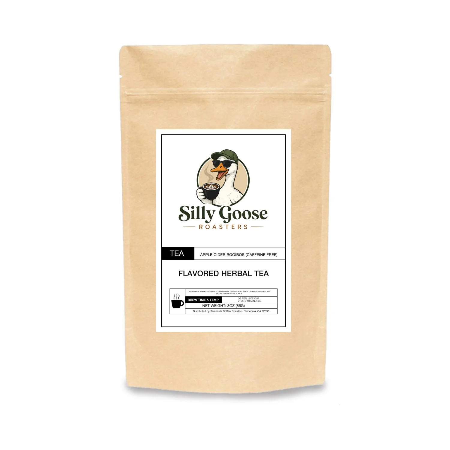 A brown resealable bag of Silly Goose Roasters flavored herbal tea, specifically Apple Cider Rooibos (Caffeine Free), is shown against a white background. The bag features a label with a cartoon goose wearing sunglasses and holding a mug of coffee. The label also includes product details such as ingredients, brew time, and net weight. The overall presentation suggests a whimsical and artisanal product.