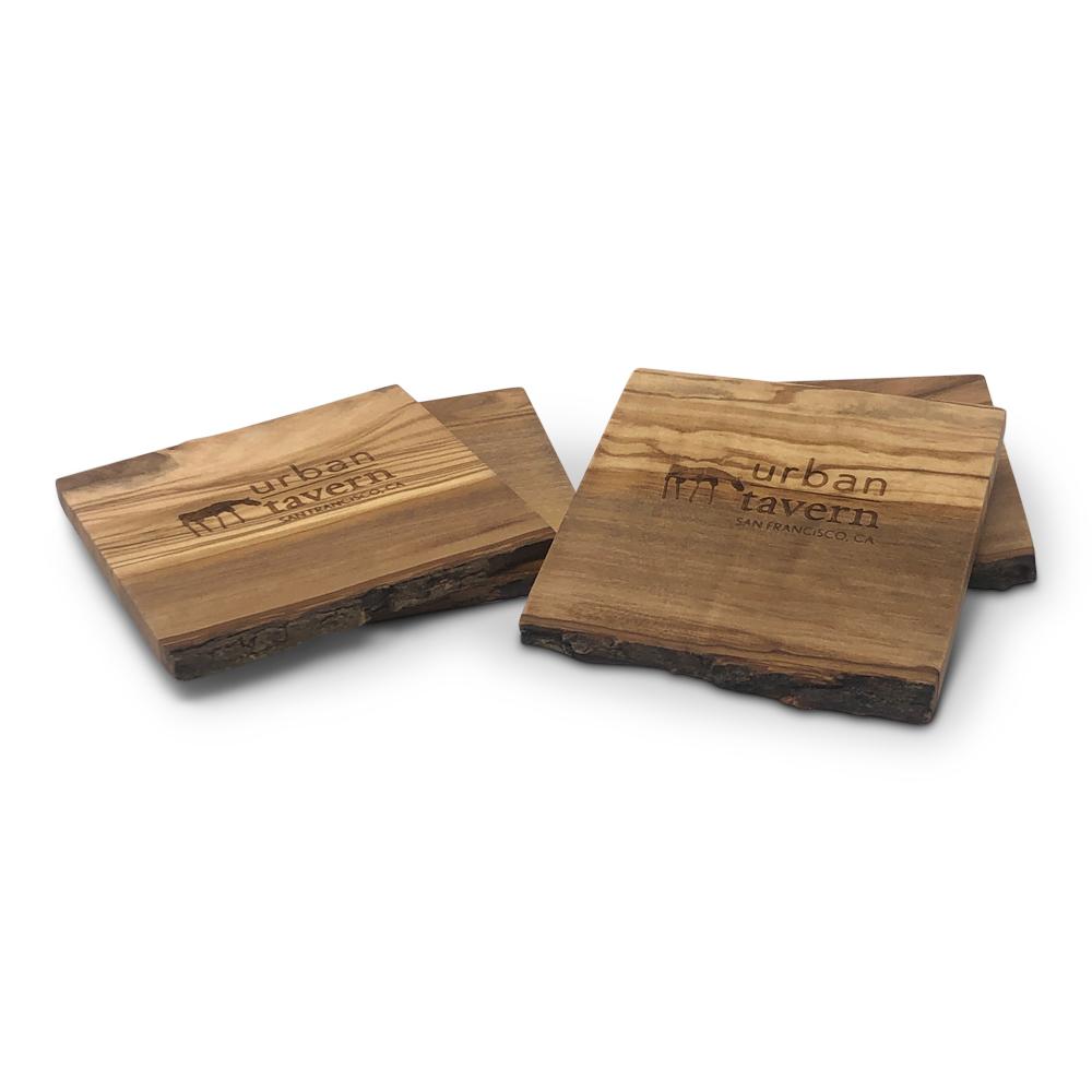 Wood coasters for Urban Tavern. Branded merch by PLC Print.