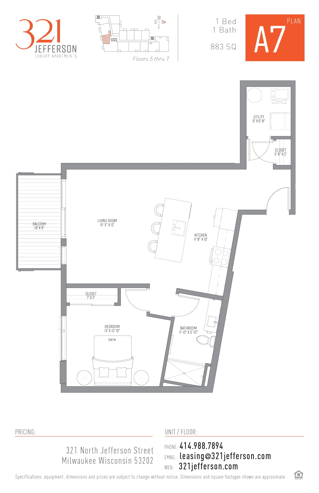 321 Jefferson One Bedroom Floor Plan A7 883 Sq Ft