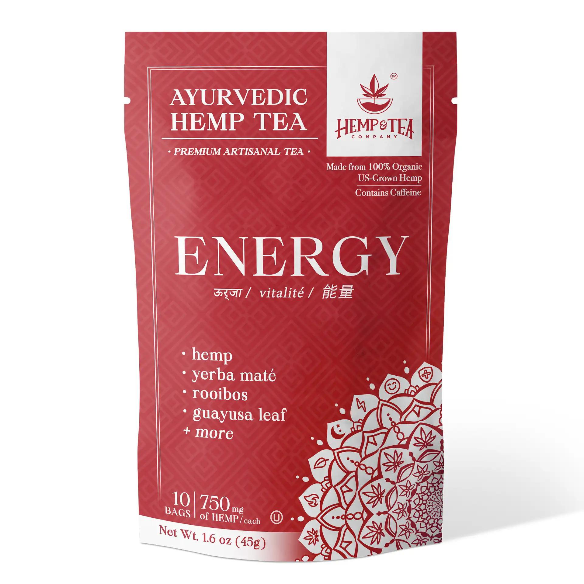 Our Energy blend is designed with our proprietary formulation and has been combined with our balancing Ayurvedic recipe for the fullest effects. This blend contains Yerba Maté, Green Tea, Gotu Kola, and other enriching herbs, which have been known for centuries to restore fatigue while delivering a natural and grounded energy boost. With the Yerba Maté and Green Tea base, each tea bag contains approximately 25mg of gentle, slow-acting caffeine. One package contains 10 hand-packed tea bags, each with 750mg hemp.