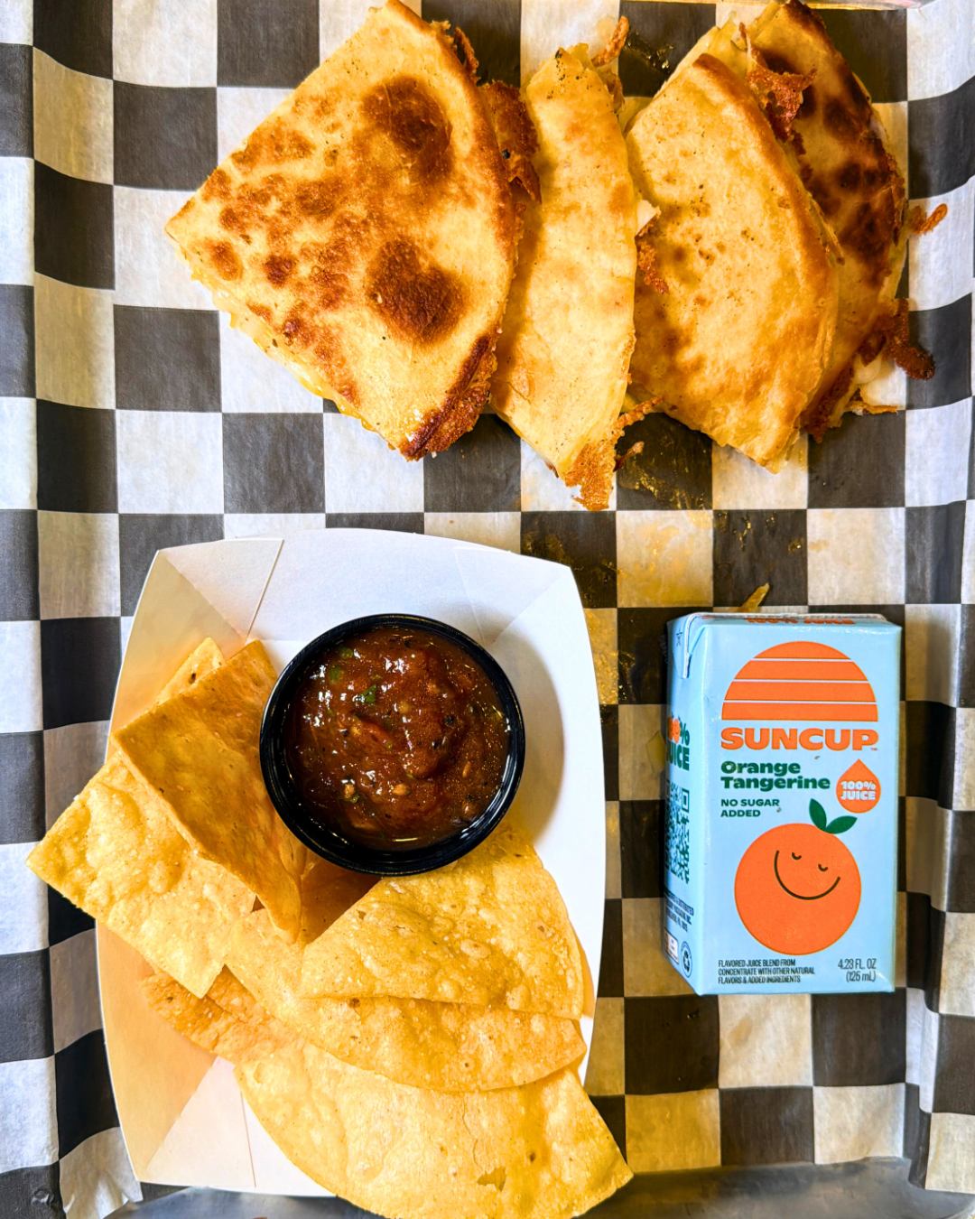 Cheese quesadilla, chips, salsa, & juice box