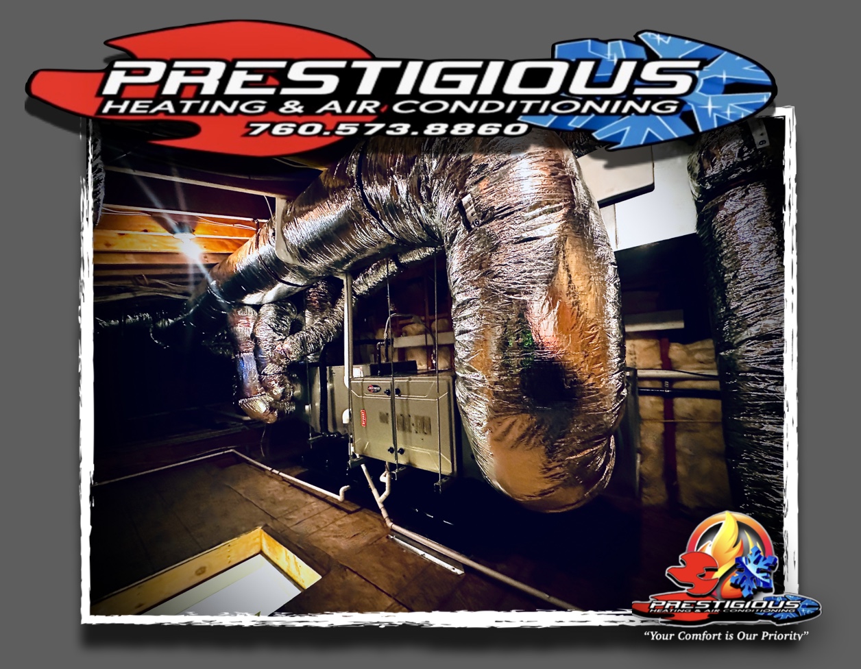 Prestigious Heating & Air Conditioning promotional graphic highlighting professional HVAC repair, installation, maintenance, and indoor comfort services.