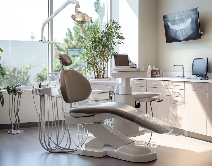 A brightly lit, state-of-the-art dental exam room featuring an adjustable tan patient chair, overhead LED examination light, delivery unit with instruments, neutral cabinetry, and large windows providing natural light. A wall-mounted display shows a digital dental X-ray.