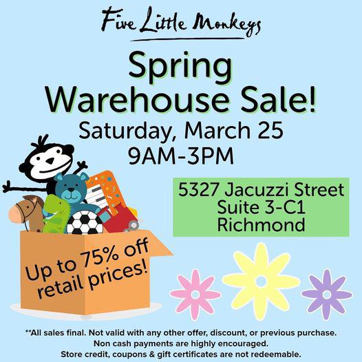 Save the date! Our Spring Warehouse Sale is Saturday, March 25th from 9-3 at our warehouse in Richmond! Save BIG on store demos, overstock, clearance, packaging with dents & dings, and more!