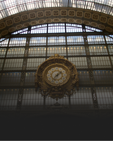 Bottom-up view of a large, ornate clock on the side of a window-lined wall in a historic building.