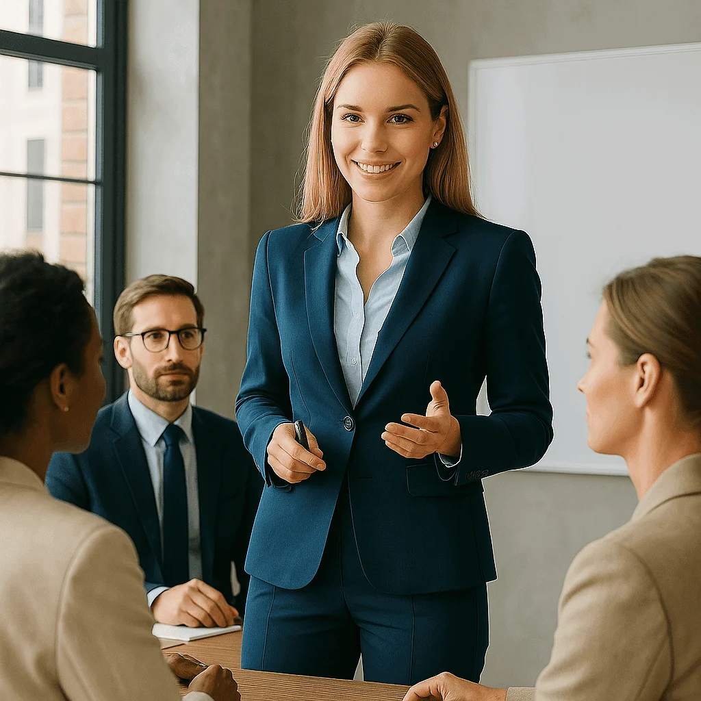 A confident female executive in a dark blue suit leads a meeting, gesturing with a pen while smiling at the camera. Three other individuals are seated at a table, listening attentively. A whiteboard is visible in the background, suggesting a professional or educational setting.