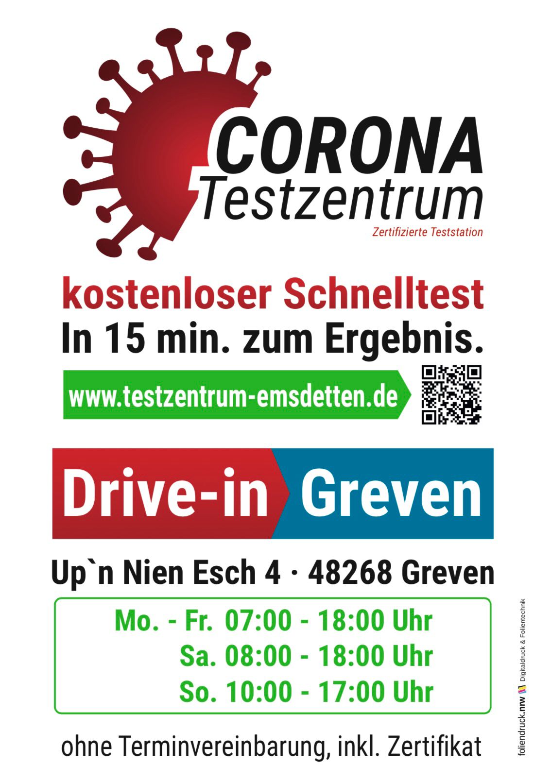Corona Testzentrum Greven, Up‘n Nien Esch 4 (An der Tankstelle) in Greven