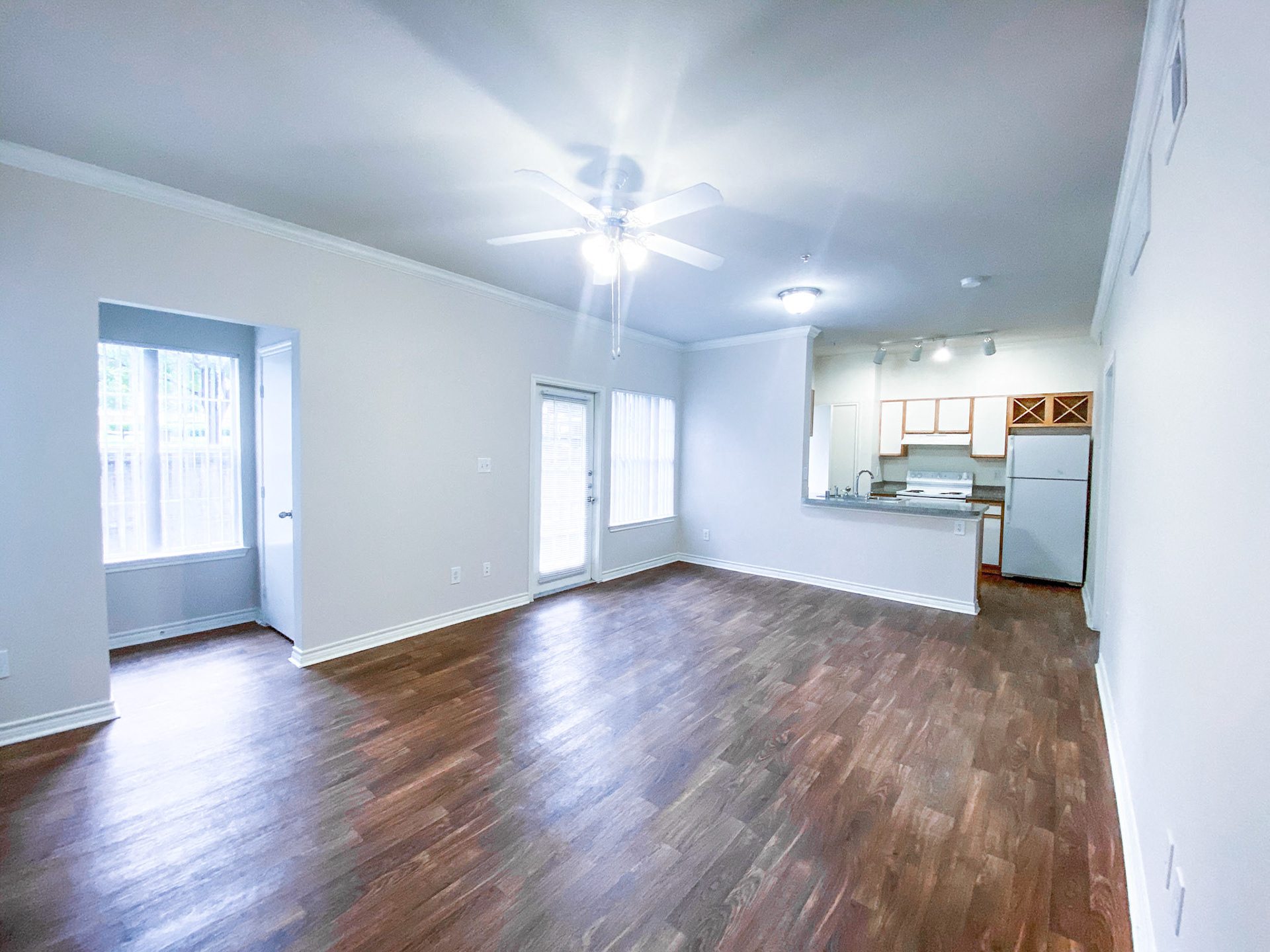 Open floor plan with white walls