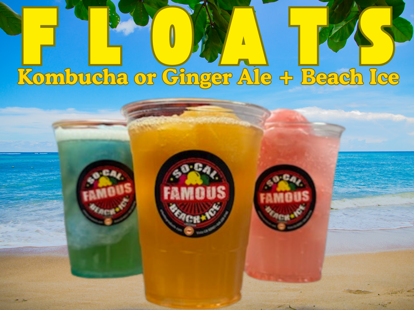 Three colorful So Cal Famous Beach Ice drinks displayed on a beach background with bold “FLOATS” text above. The beverages feature kombucha or ginger ale mixed with beach ice, highlighting refreshing, tropical flavors and a fun, vibrant summer vibe.