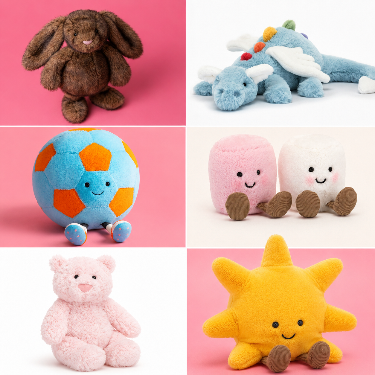 Discover a charming collection of Jellycat plush toys, including a bunny, dragon, soccer ball, marshmallows, teddy bear, and sun. Soft, cuddly companions perfect for gifts, playtime, and all ages.