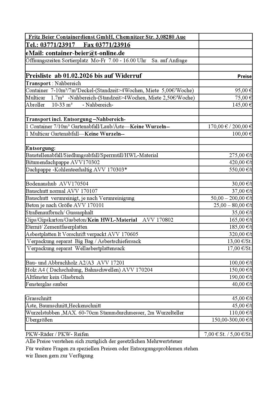 Fritz Beier Containerdenst GmbH, Chemnitzer Str. 3 in Aue-Bad Schlema