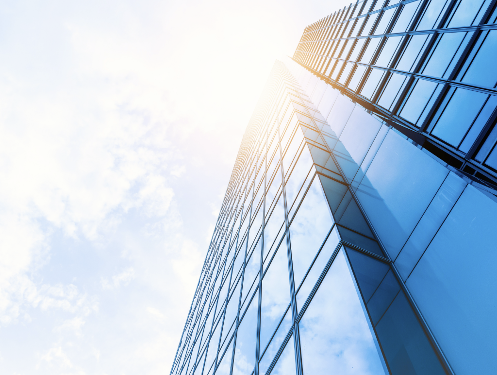 Bottom-up view of a skyscraper.