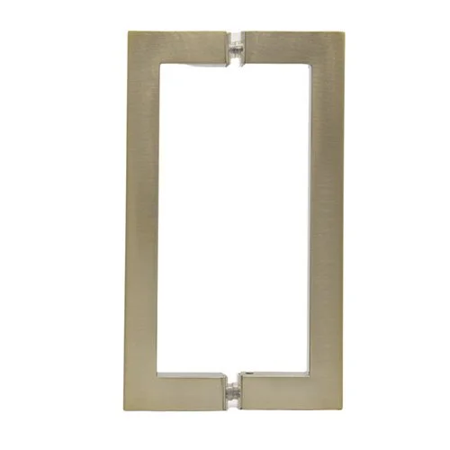 A brushed nickel square pull handle for a shower door is shown against a white background. The handle has a modern, minimalist design and is comprised of two rectangular bars joined at the top and bottom with small screws. The finish is matte and the color is a muted gold or brass.