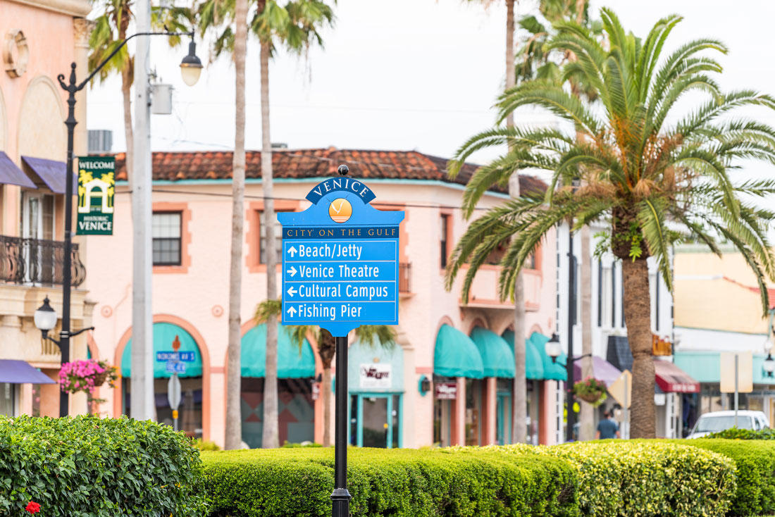 A sign welcomes visitors to the small retirement city of Venice, Florida along the West Coast, in gulf of Mexico.