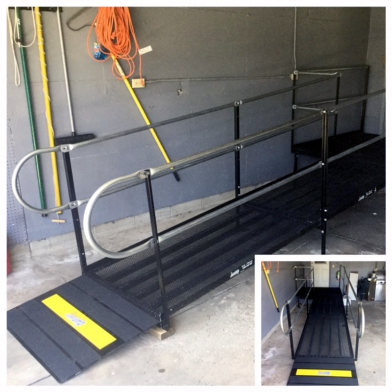 Dave McComb and his Amramp Southeastern Wisconsin team installed three wheelchair ramps for a couple of group homes in Dover, WI. It was important to the owners that the ramp not cover the porch to maximize the outdoor living space. They also required this ramp inside the garage to help clients easily access transportation.