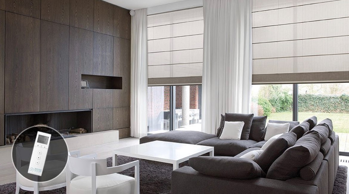 Drapery is the perfect pair with motorized shades and blinds. Our team at Budget Blinds of Rockwall, Forney, Terrell, and Greenville can help you decide on the right automated system.