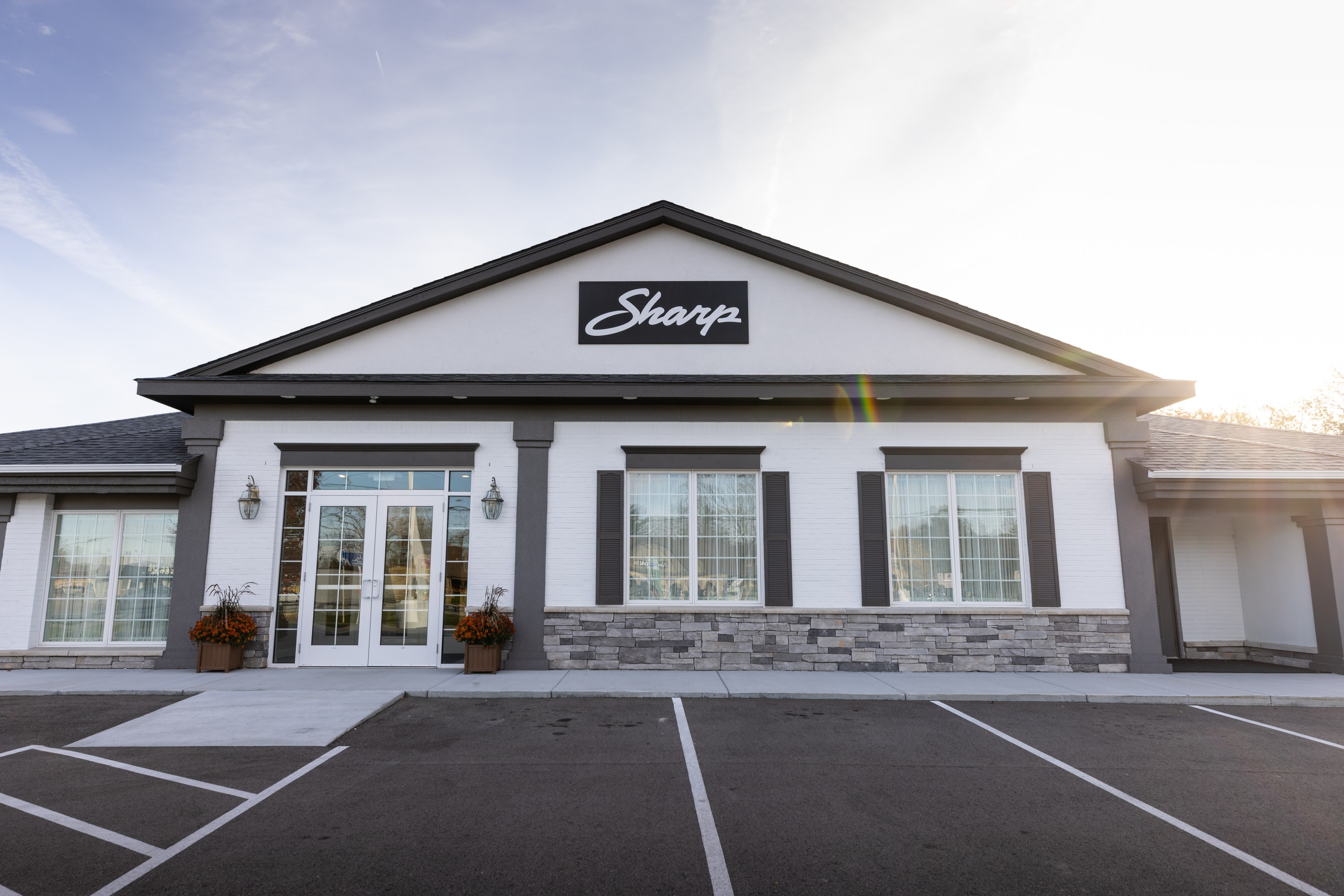 The renovated front of Sharp Funeral Home & Cremation Center at 6063 Fenton Rd, Flint (Grand Blanc Township)