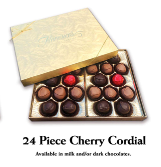 A luxurious box of Florence's Exquisite Chocolates from Rexburg, ID, featuring 24 handcrafted cherry cordial chocolates. The elegant gold packaging, tied with a delicate ribbon, enhances the premium presentation. Inside, smooth milk and dark chocolates encase luscious cherry fillings, offering a perfect balance of sweetness and richness. This beautifully curated box is ideal for gifting or personal indulgence, showcasing Florence’s dedication to high-quality confectionery.