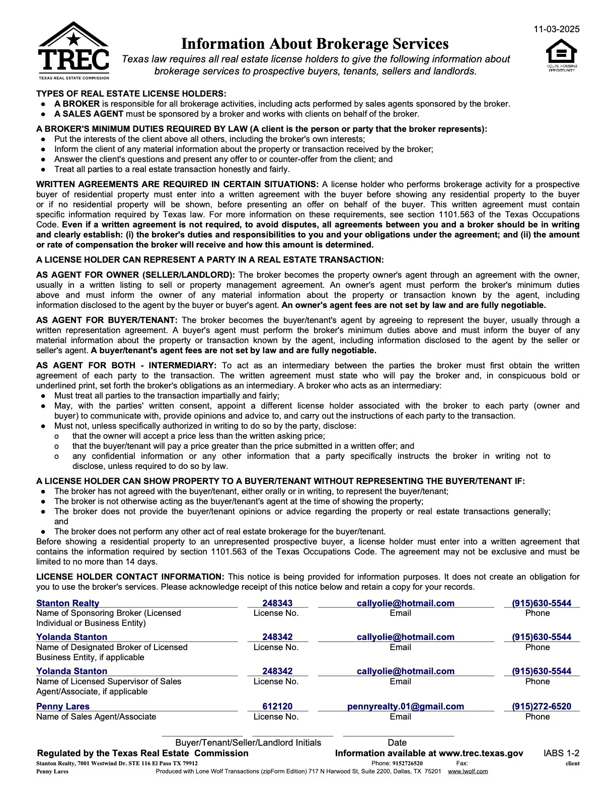 This image is a document titled 'Information About Brokerage Services' from the Texas Real Estate Commission (TREC). It outlines the duties of real estate license holders, required written agreements, and how license holders can represent parties in a real estate transaction. The document also includes contact information for several licensed individuals and businesses, as well as the TREC's website and contact details. The date at the top right is 11-03-2025.