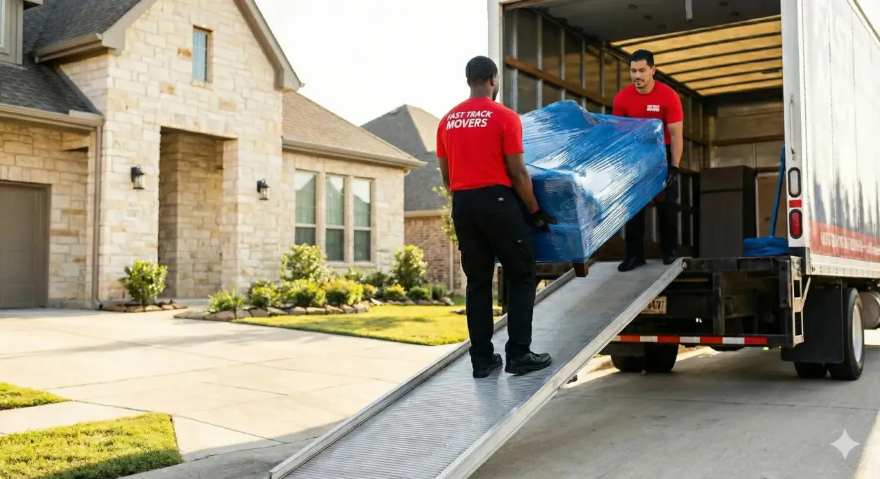 Professional movers carefully load a large wrapped furniture item into a moving truck using a loading ramp outside a suburban home, ensuring secure handling, efficient teamwork, and safe transportation.