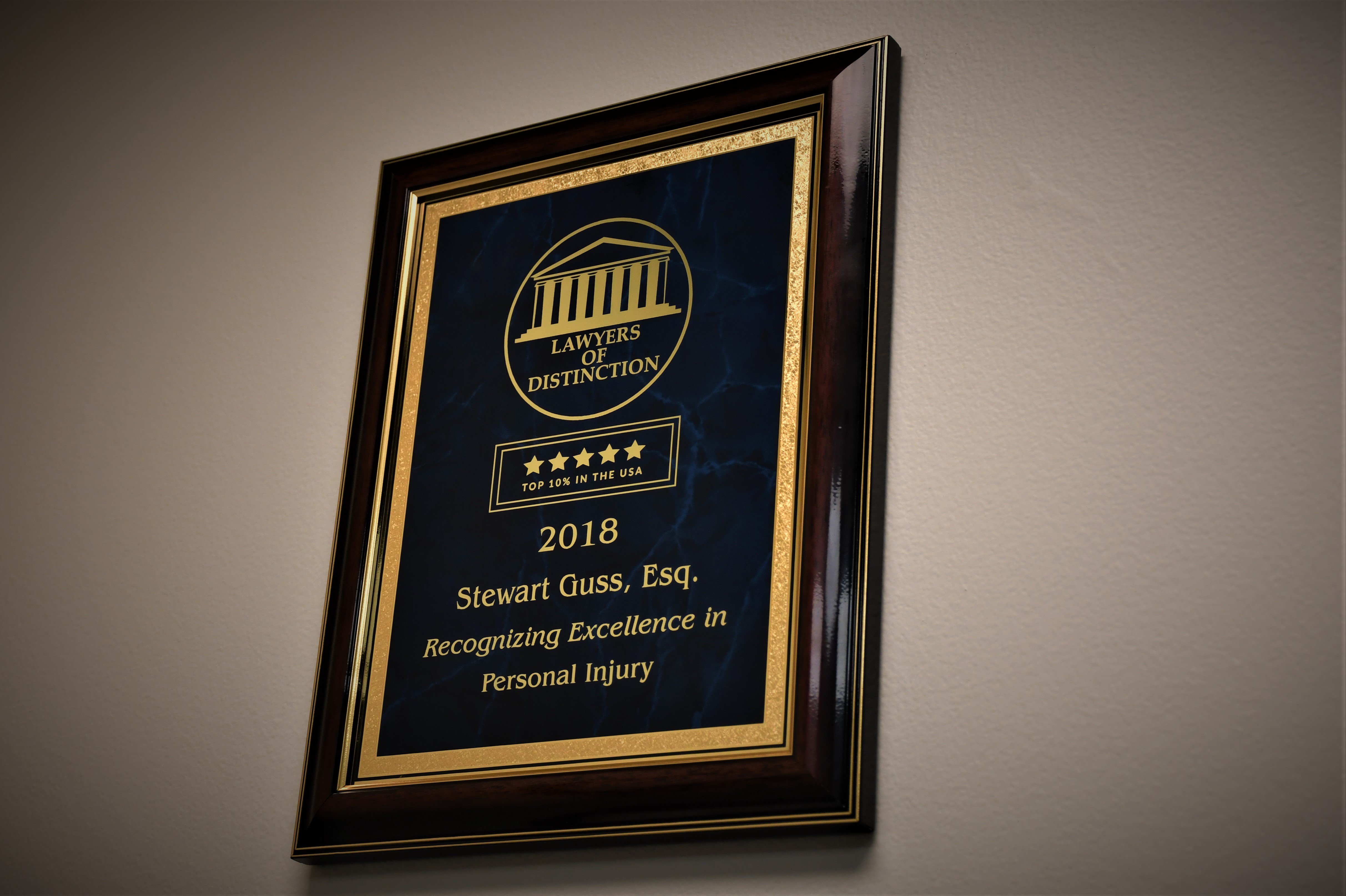 2018 Lawyers of Distinction Award for Stewart Guss, Esq. Recognizing Excellence in Personal Injury