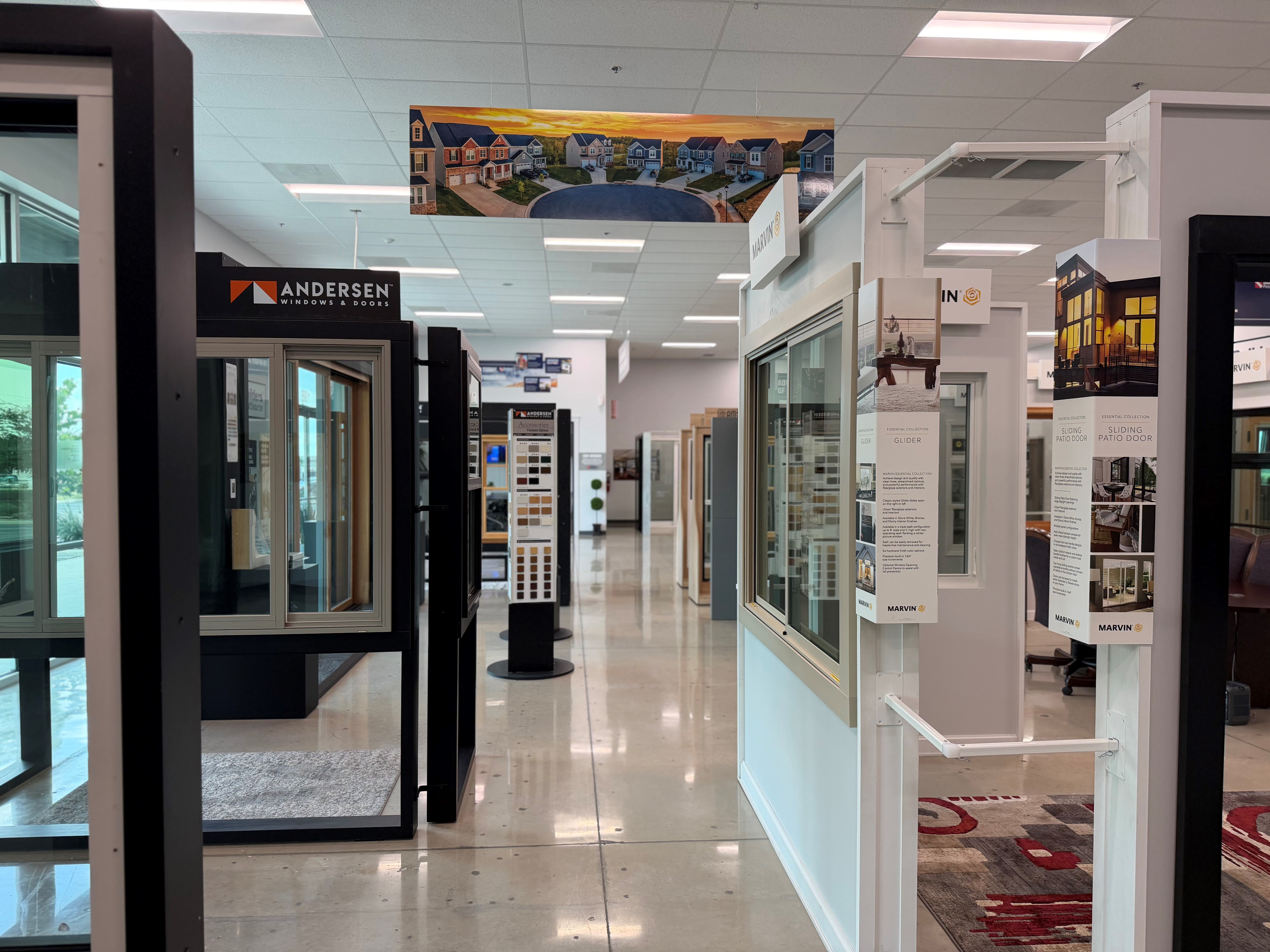 Builders FirstSource window showroom with Andersen and Marvin window displays, showcasing a variety  