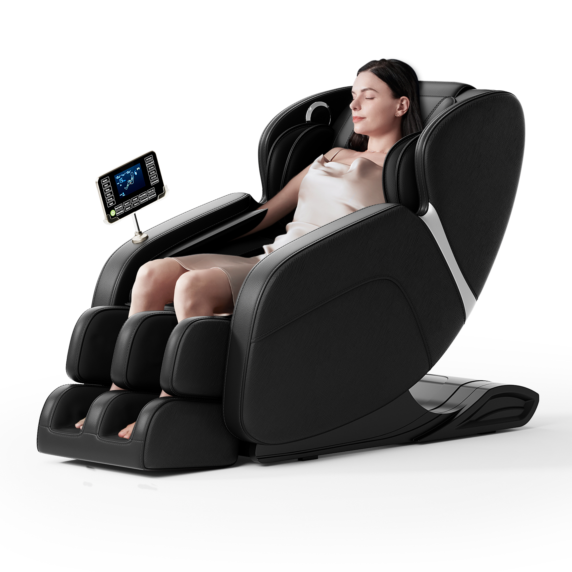 A woman with her eyes closed is relaxing in a black massage chair. She is wearing a satin slip dress and her feet are resting in the footrest of the chair. The chair has a control panel with a screen displaying a diagram of the human body and various massage settings. The background is pure white, isolating the chair and the woman.