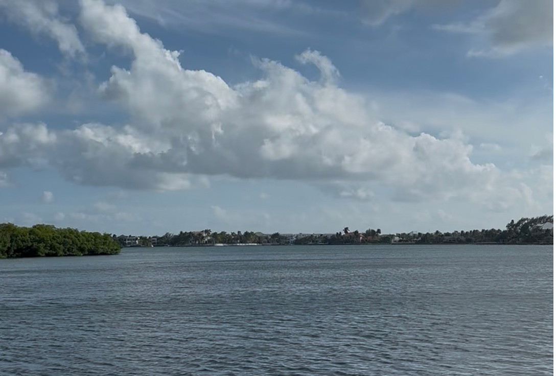 Calm waterway with blue-gray water under a bright blue sky dotted with white cumulus clouds. Lush green mangrove trees and tropical vegetation line both shores in the distance. Clear, sunny day with excellent visibility across the water.