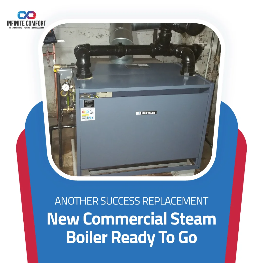 A large, gray commercial steam boiler is shown installed in a utility room. The boiler has black pipes and fittings connected to it, and there are various gauges and control panels visible on the side. The text "ANOTHER SUCCESS REPLACEMENT New Commercial Steam Boiler Ready To Go" is overlaid on the image, along with the logo of "INFINITE COMFORT AIR CONDITIONING | HEATING | DRAIN CLEANING."