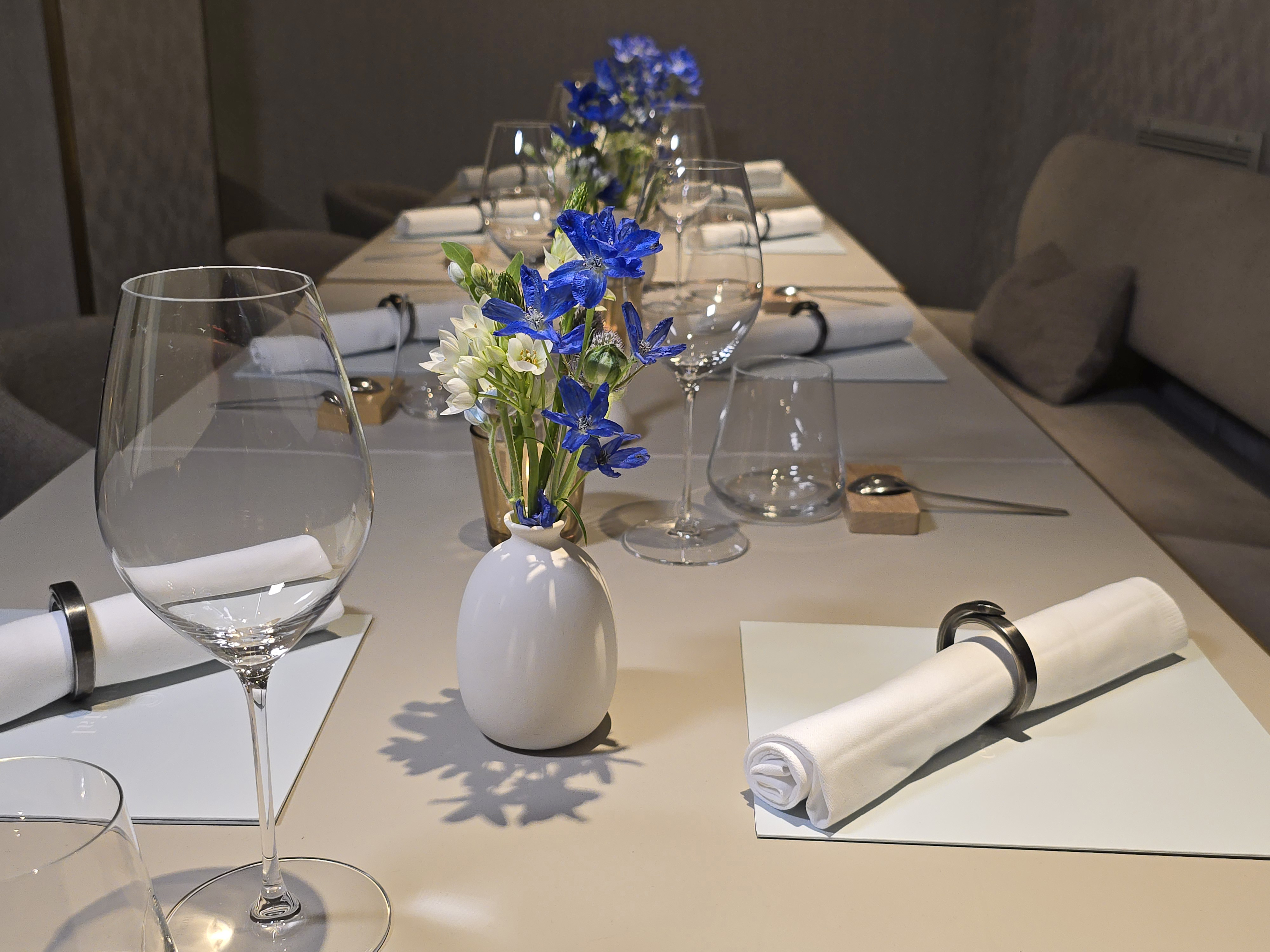 The private dining room at Essential by Christophe, seating up to 21 guests with a view into the kitchen. Available for celebrations, corporate dinners and private events on the Upper West Side, moments from Lincoln Center and Central Park.