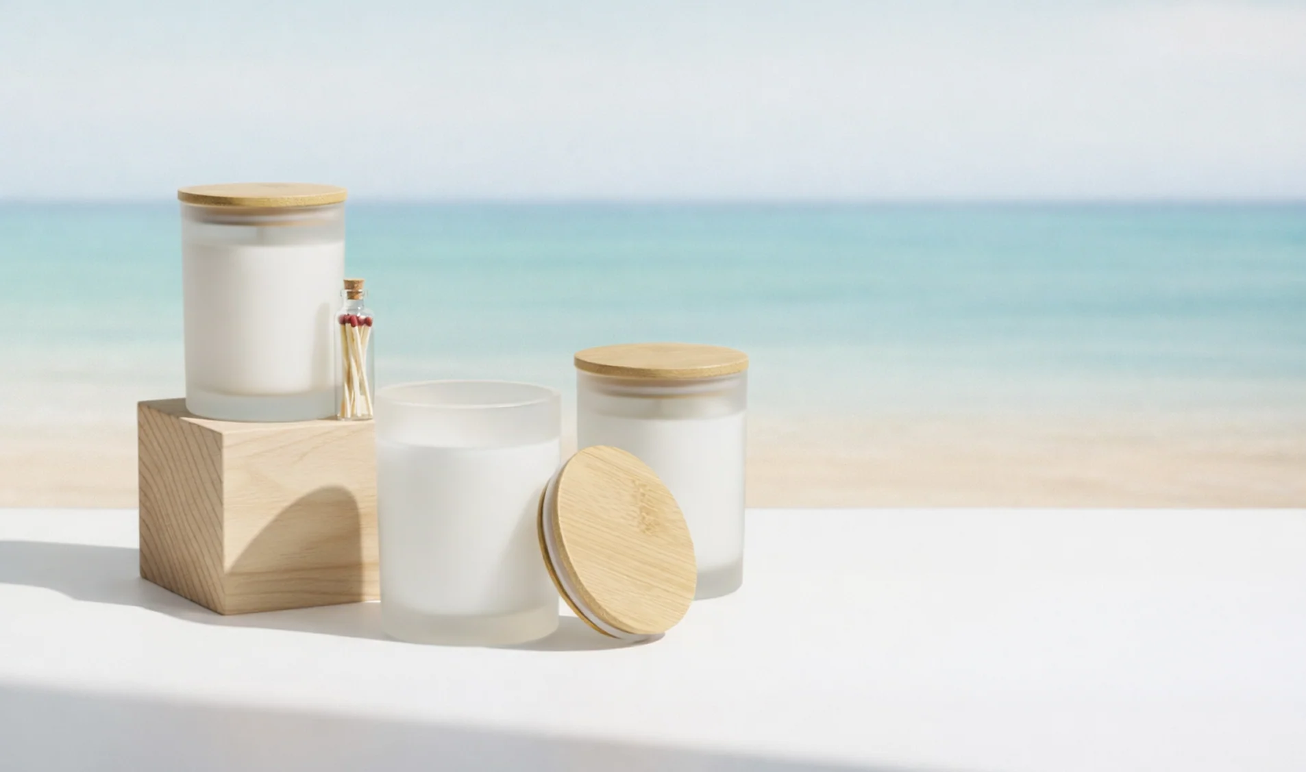 Three white candles with wooden lids sit on a white surface in front of a blurred background of a beach and ocean. A small glass vial filled with matches is placed next to one of the candles.