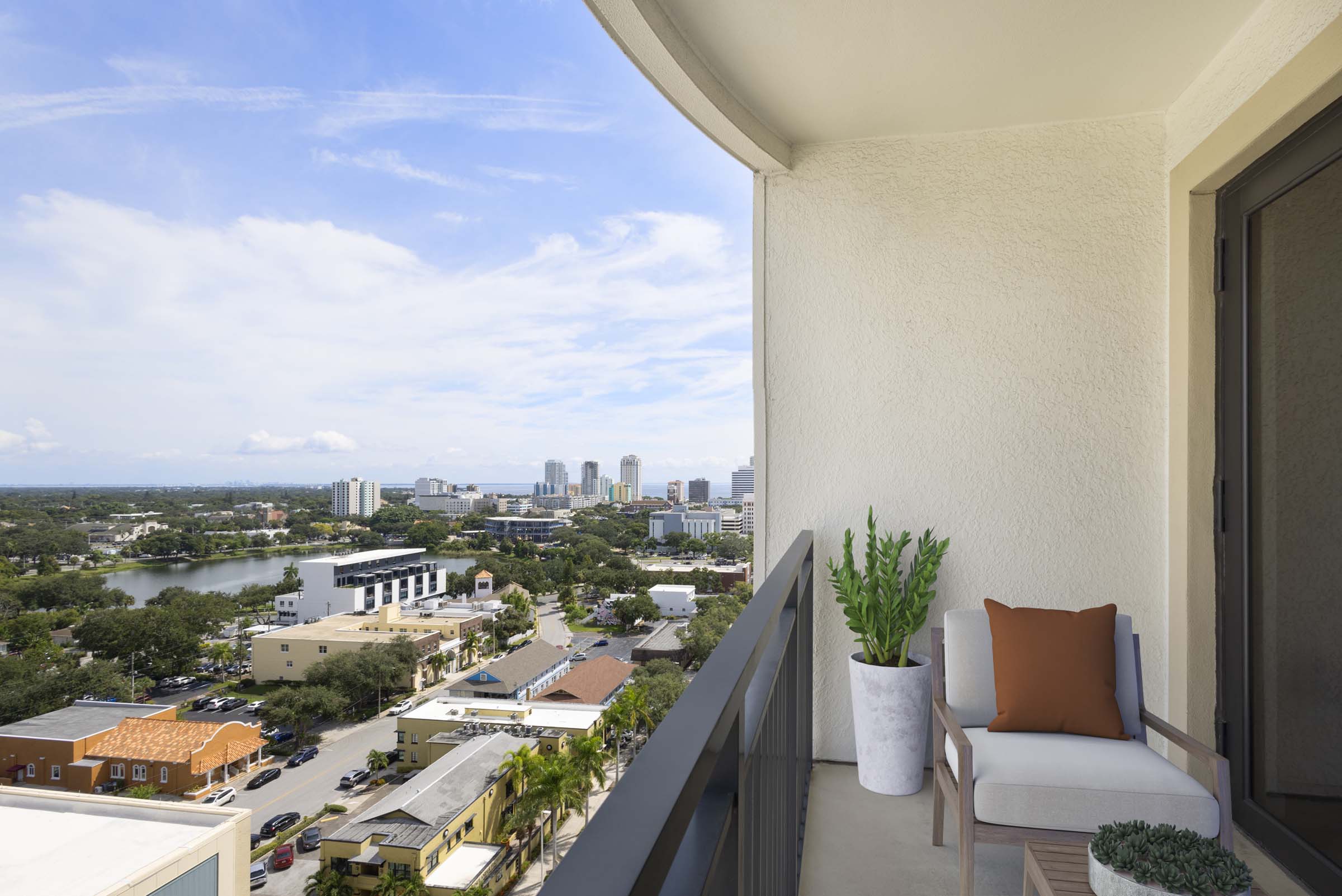 Private balcony in a Camden Central high-rise apartment home in St. Petersburg, FL