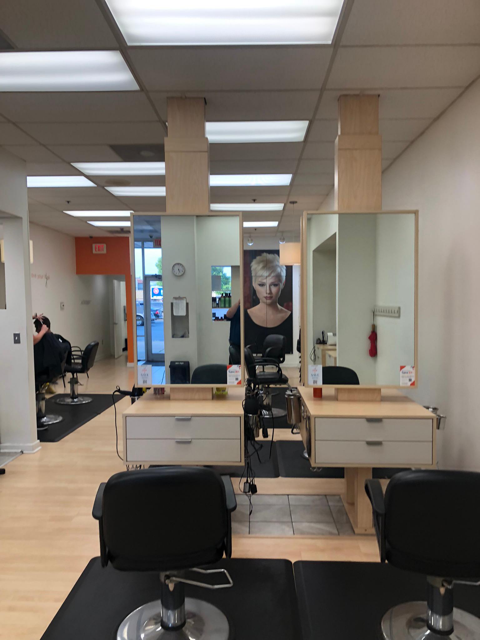 The salon stations where guests sit with stylists for their services.